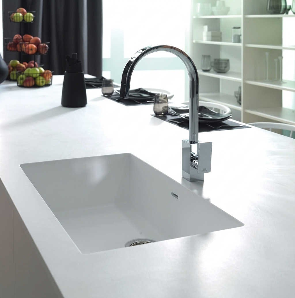 Lava-loiça integrada numa bancada de cozinha em Corian branco, sem juntas